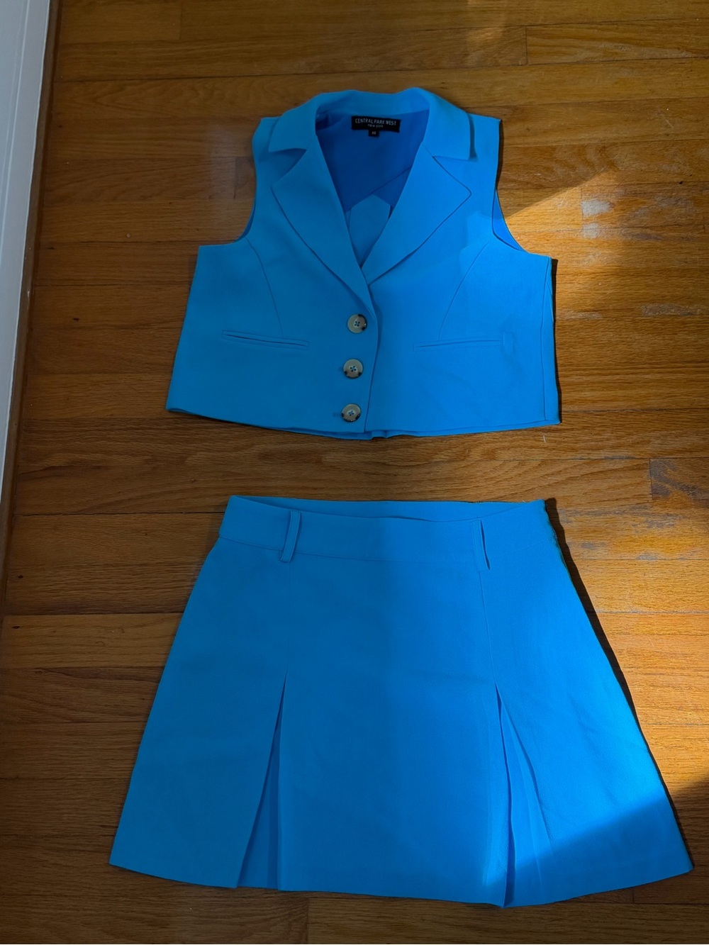 Central Park west blue set, with vest and mini skirt